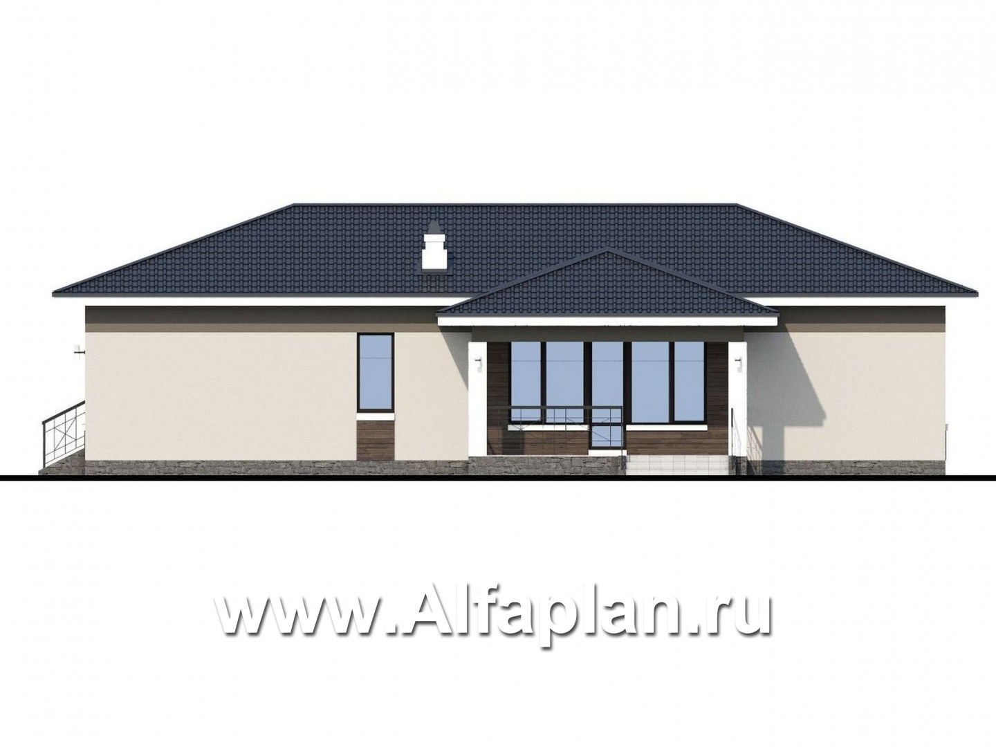 «Ариадна» - проект одноэтажного дома, планировка 3 спальни, c террасой, с гаражом на 2 авто, в современном стиле - фасад дома