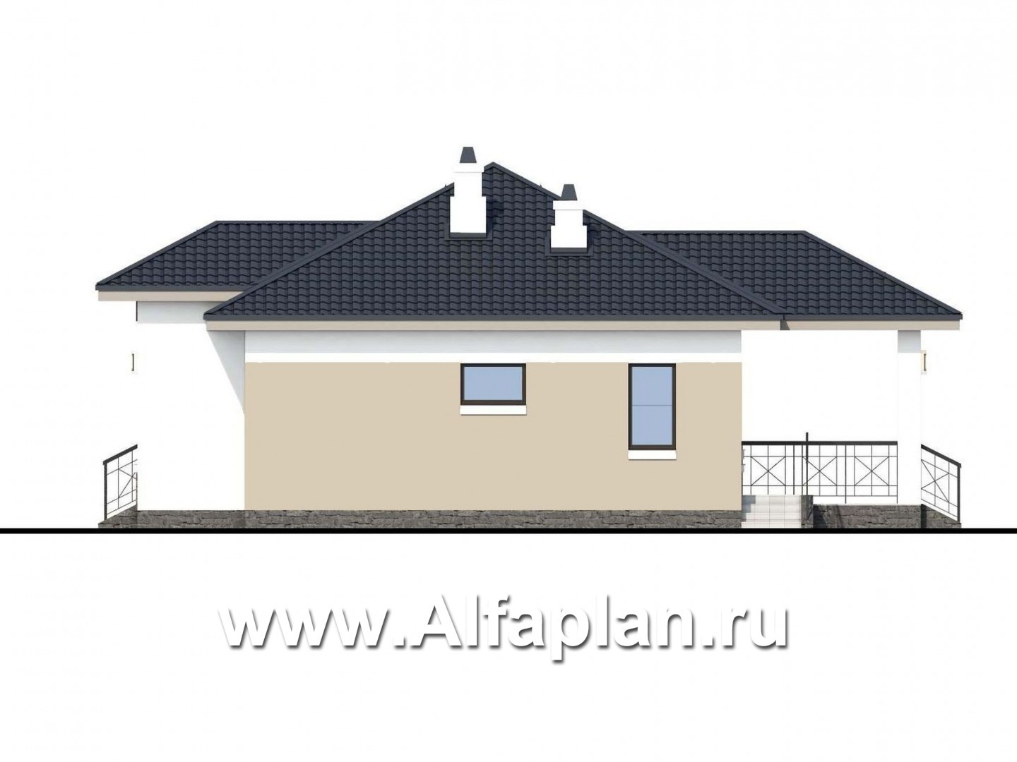 «Княженика» - проект одноэтажного дома, с террасой, планировка 2 спальни и сауна, для небольшой семьи - фасад дома