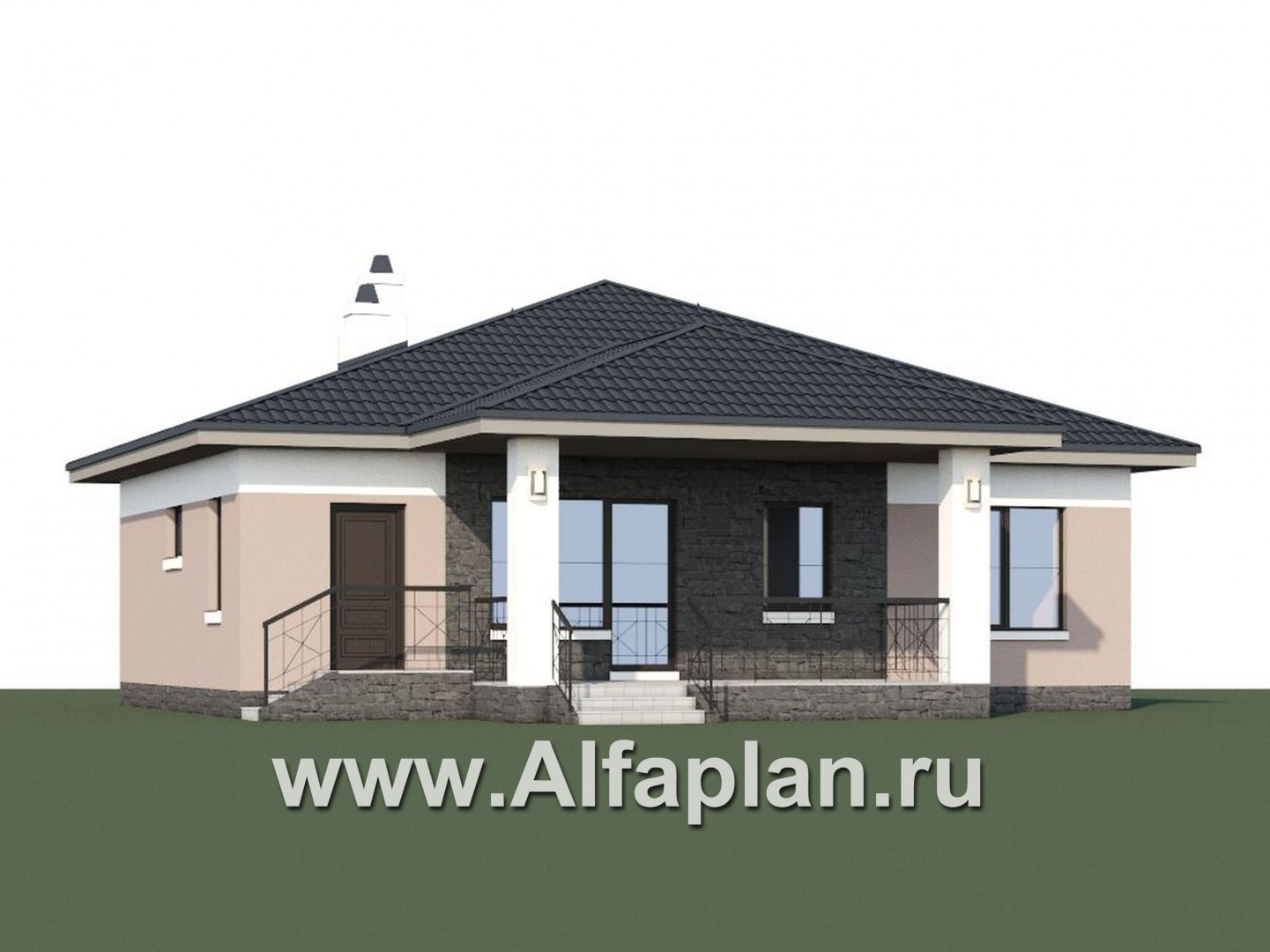 «Княженика» - проект одноэтажного дома, с террасой, планировка 2 спальни и сауна, для небольшой семьи - дизайн дома №1