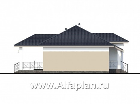 «Княженика» - проект одноэтажного дома, с террасой, планировка 2 спальни и сауна, для небольшой семьи - превью фасада дома