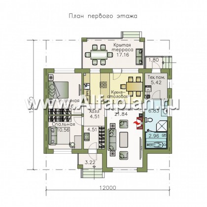 «Княженика» - проект одноэтажного дома, с террасой, планировка 2 спальни и сауна, для небольшой семьи - превью план дома