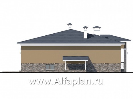 Проекты домов Альфаплан - «Суверен» - полутораэтажный коттедж с небольшим цоколем и мансардой - превью фасада №3