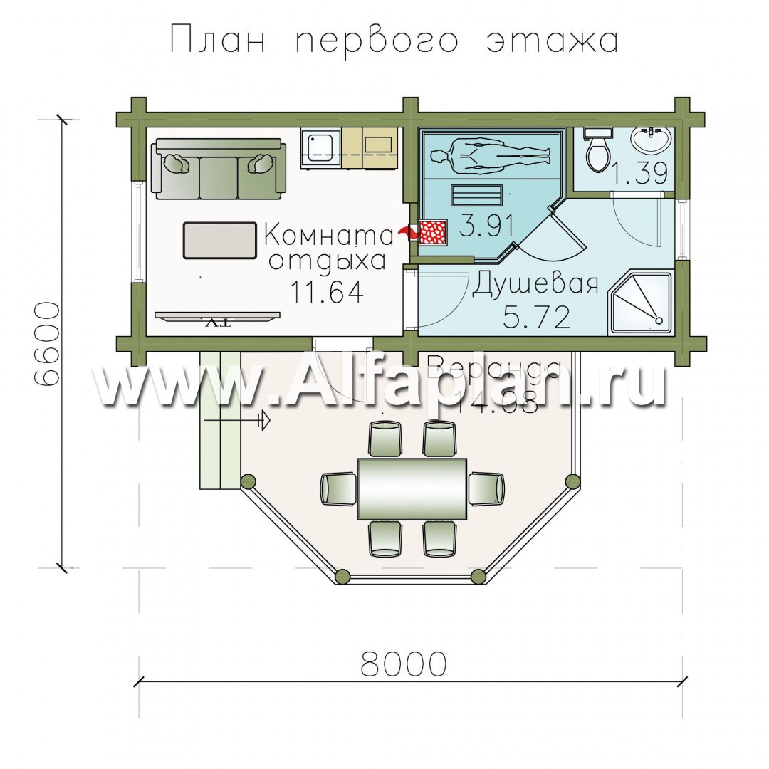 Проекты домов Альфаплан - Небольшая дервянная баня с уютной верандой (беседкой) - план проекта №1
