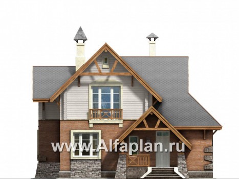 «Альпенхаус»- проект дома с мансардой, высокий потолок в гостиной, в стиле  шале, 1 эт из кирпича, 2 эт из бруса - превью фасада дома