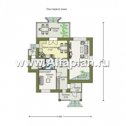 «Альпенхаус»- проект дома с мансардой, высокий потолок в гостиной, в стиле  шале, 1 эт из кирпича, 2 эт из бруса - превью план дома