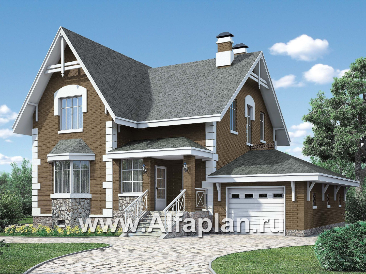 Проекты домов Альфаплан - «Ретростилиса Плюс» - удобный дом с цокольным этажом - основное изображение