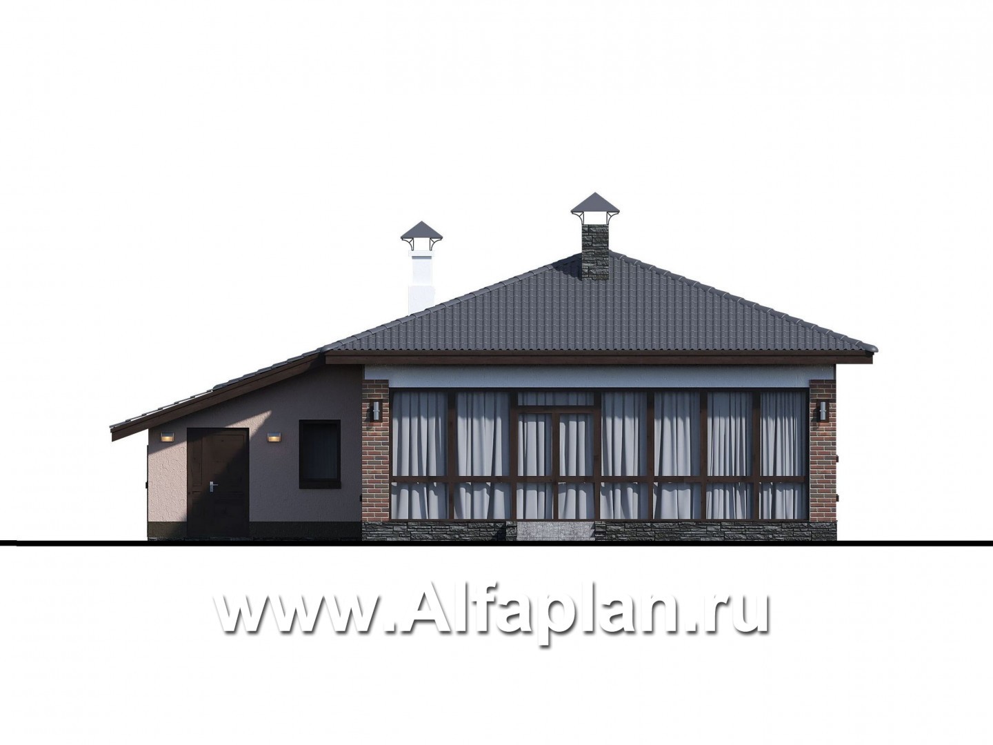 «Каллиопа» - проект одноэтажного дома, 2 спальни, с террасой и с расширенным гаражом, в современном стиле - фасад дома