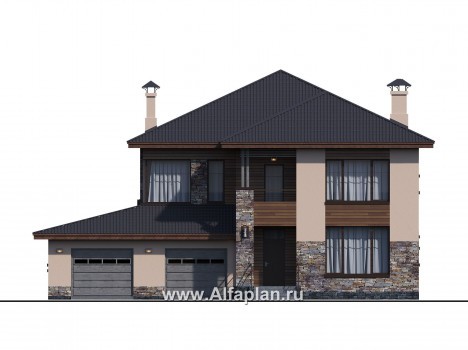Проекты домов Альфаплан - «Родос» - стильный двухэтажный дома с гаражом на две машины - превью фасада №1