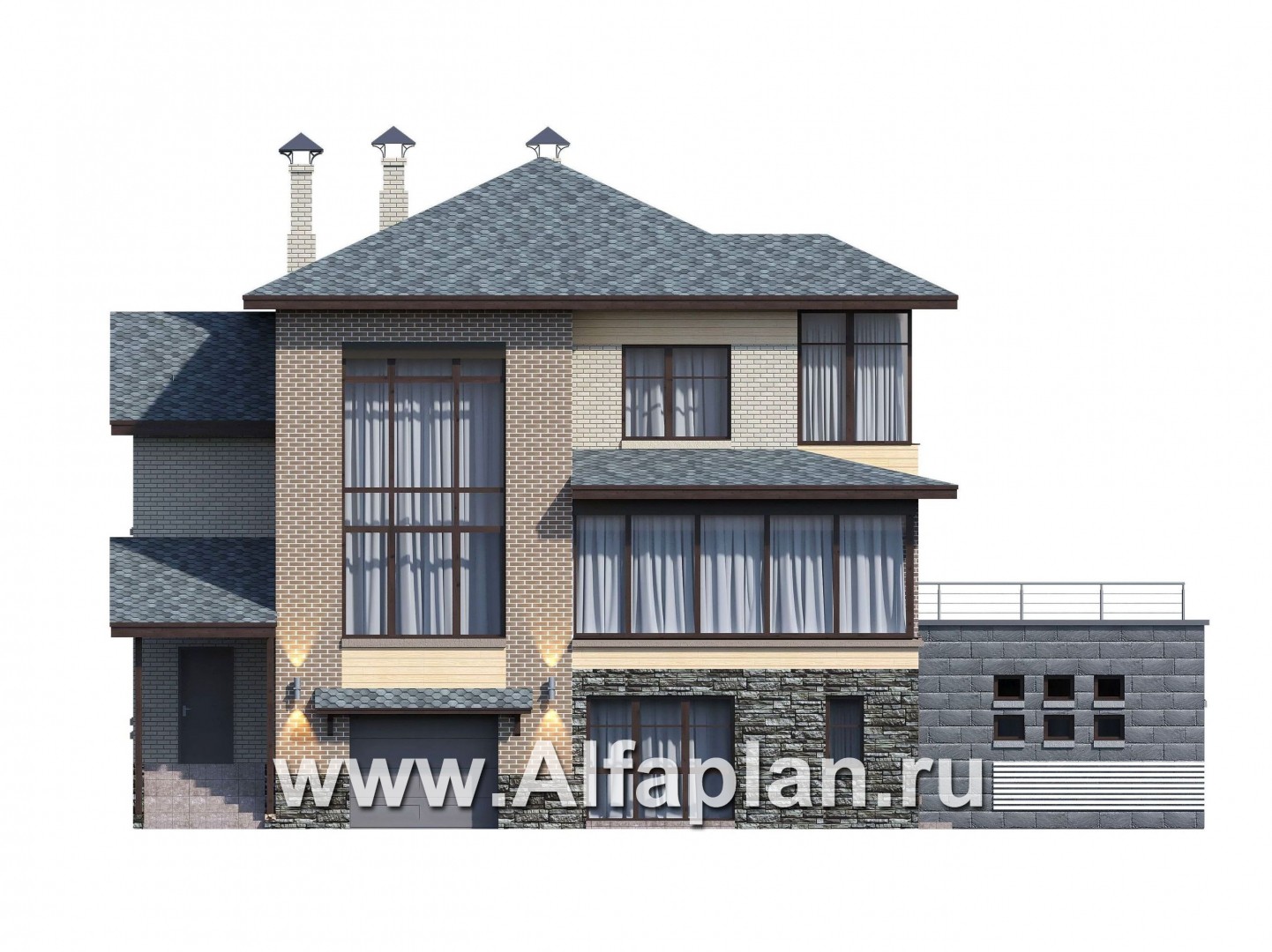 Проекты домов Альфаплан - «Амур» - трехэтажный особняк с гаражом и бассейном - изображение фасада №1