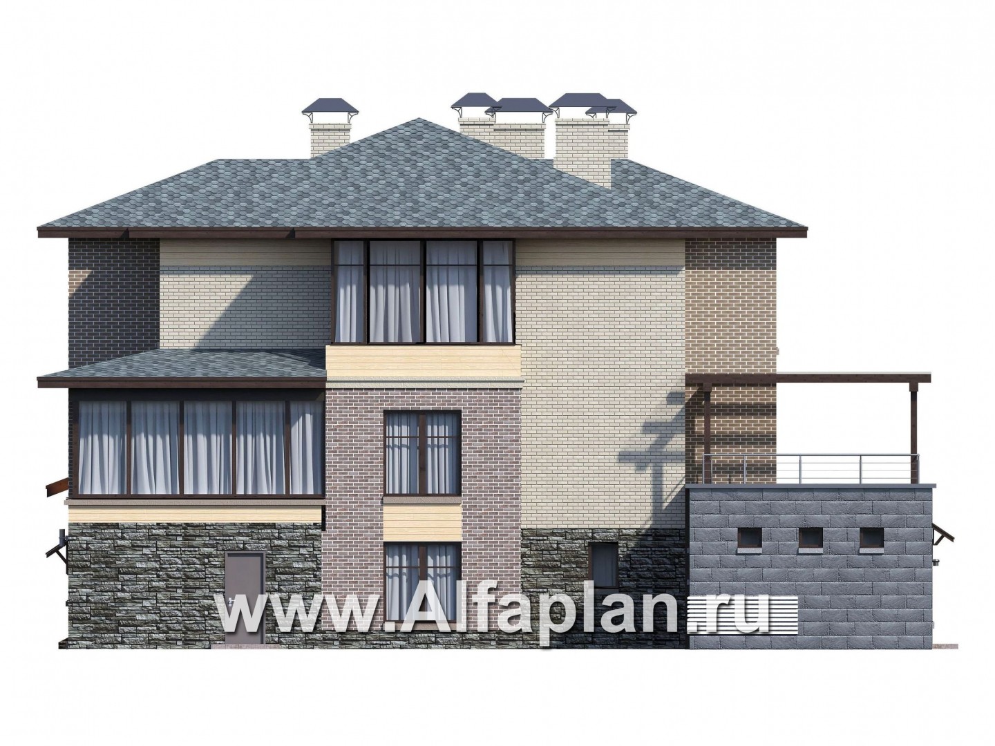 Проекты домов Альфаплан - «Амур» - трехэтажный особняк с гаражом и бассейном - изображение фасада №4