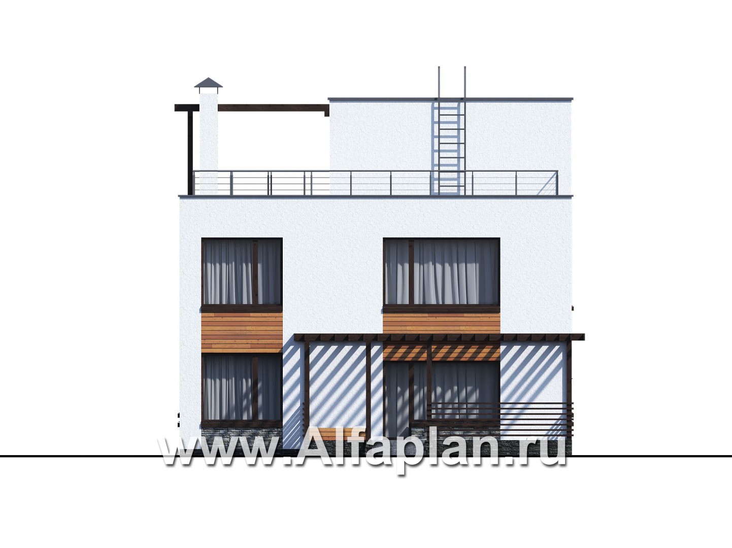 Проекты домов Альфаплан - «Золотой ключик» — современный дом с плоской эксплуатируемой кровлей - изображение фасада №3