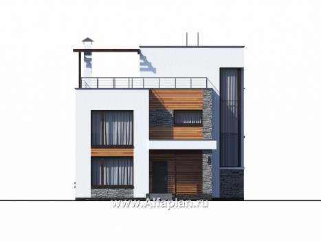 Проекты домов Альфаплан - «Золотой ключик» — современный дом с плоской эксплуатируемой кровлей - превью фасада №1