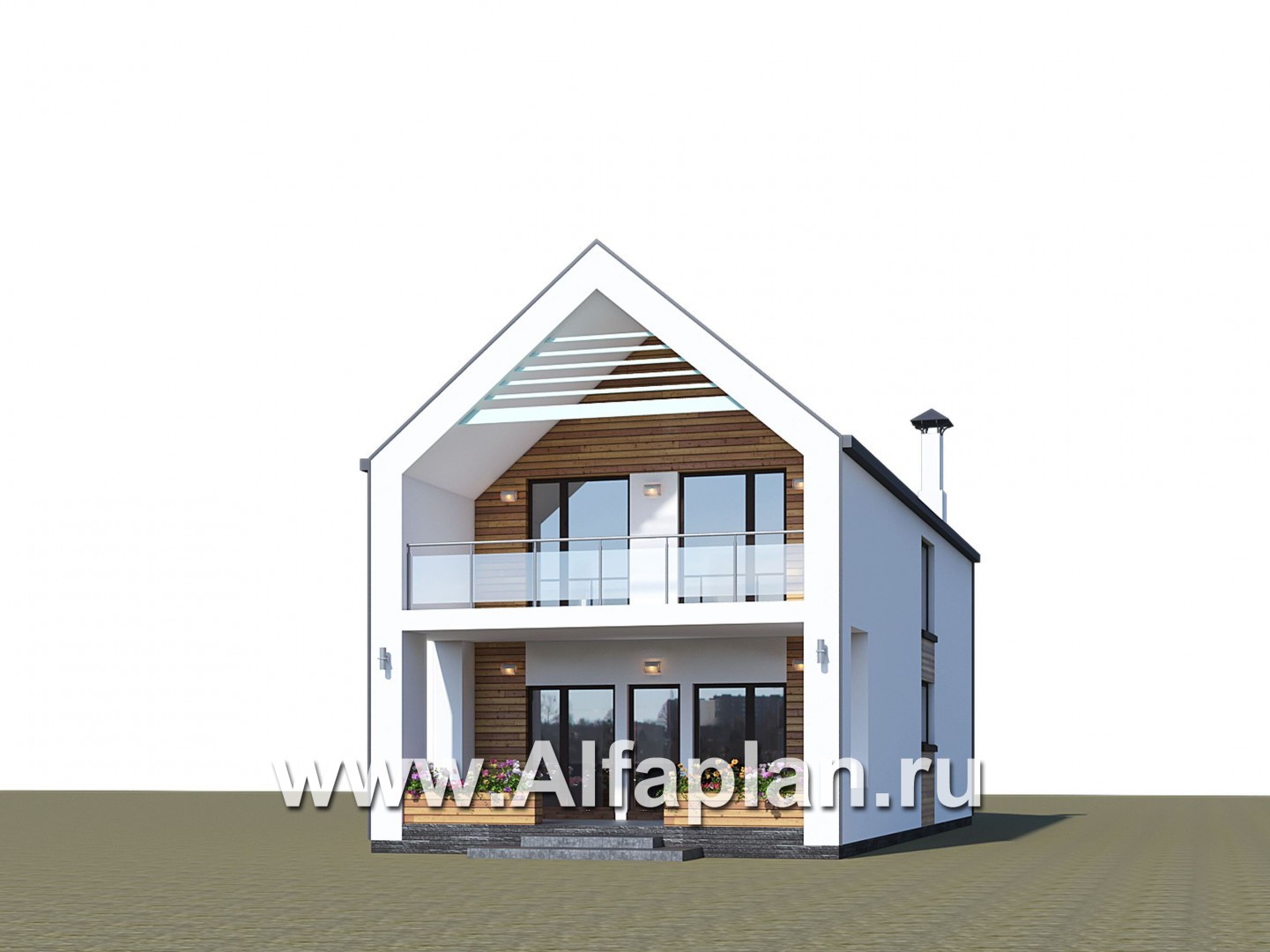 «Барн» - проект дома с мансардой, современный стиль барнхаус, с сауной, с террасой и балконом - дизайн дома №2