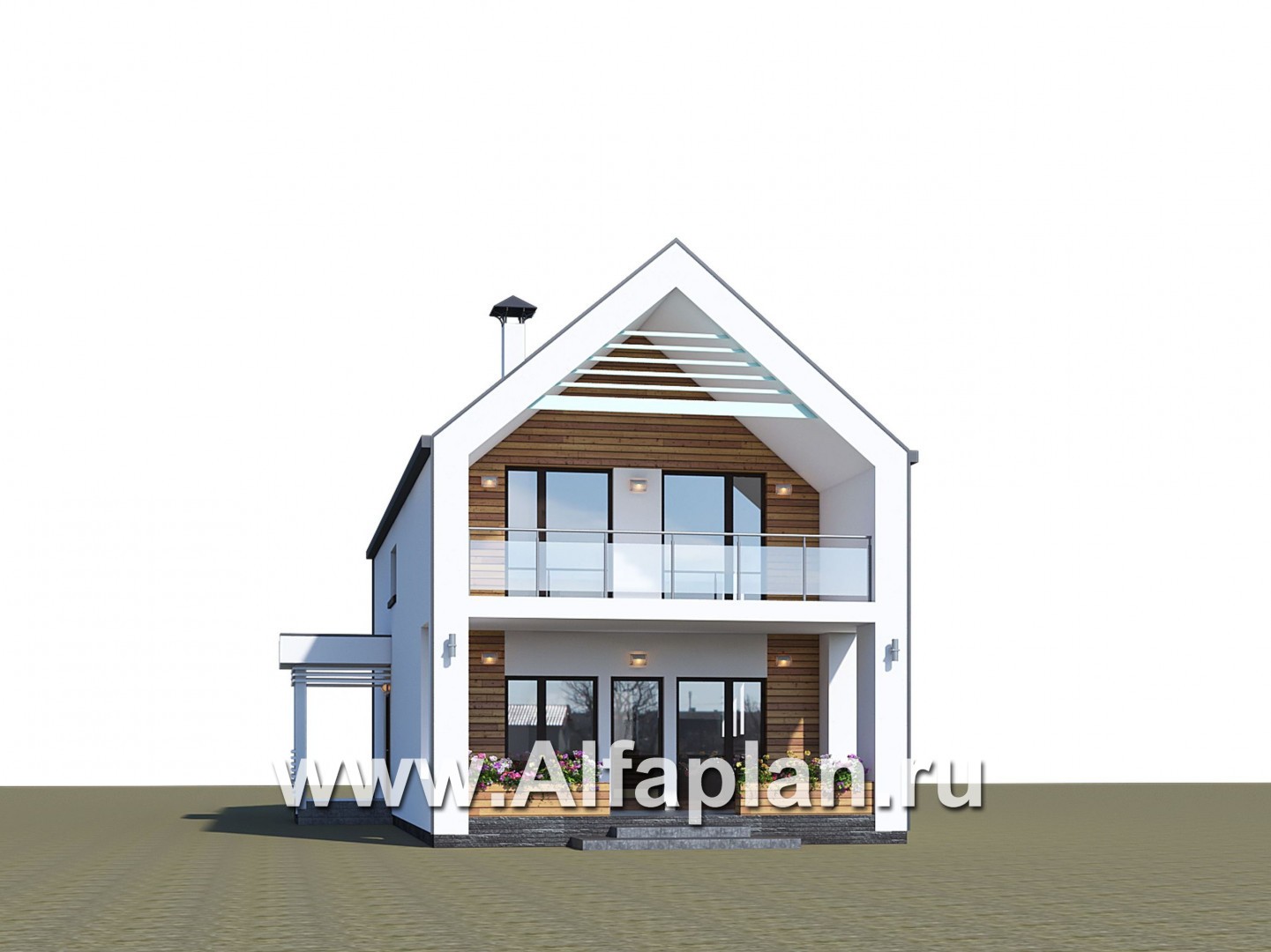 «Барн» - проект дома с мансардой, современный стиль барнхаус, с сауной, с террасой и балконом - дизайн дома №3