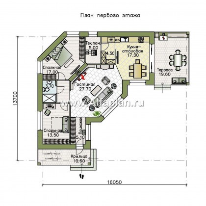 «Ореол» - проект одноэтажного дома, с оригинальным планом,  с террасой, планировка дома 2 спальни - превью план дома