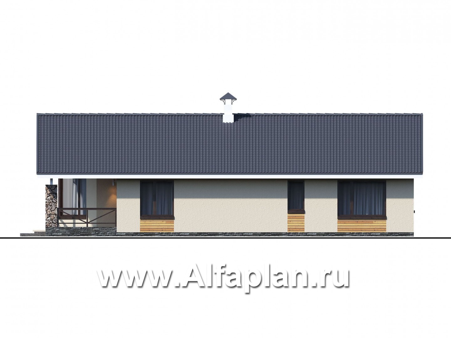 Проекты домов Альфаплан - «Вектор Плюс» - одноэтажный дом с тремя спальнями, террасой и сауной - изображение фасада №2