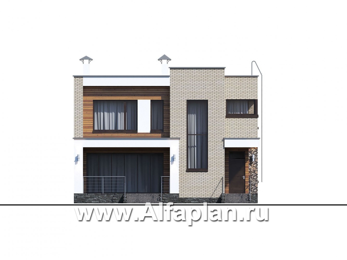 Проекты домов Альфаплан - «Эрго» - проект двухэтажного дома с плоской кровлей 10х10м - изображение фасада №1