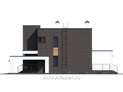Проекты домов Альфаплан - «Эрго» - проект двухэтажного дома с плоской кровлей 10х10м, с гаражом-навесом - превью фасада №4