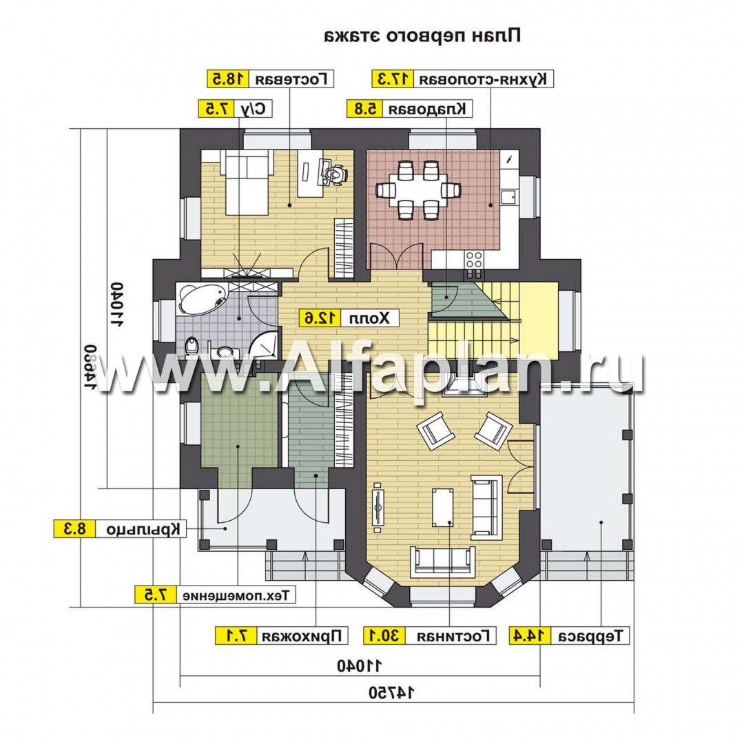 Проект двухэтажного дома, мастер спальня, с эркером и с террасой - план дома