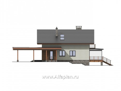Проект дома с мансардой, планировка со вторым светом гостиной и с террасой, навес на 2 авто - превью фасада дома