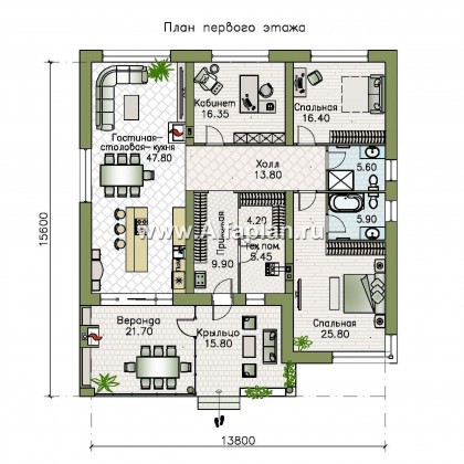 «Фортис» - проект одноэтажного дома, с террасой, с плоской кровлей, в стиле минимализм - превью план дома