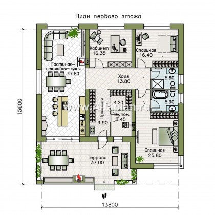 «Фортис» - проект одноэтажного дома с плоской кровлей, и грилем на террасе, в стиле минимализм - превью план дома