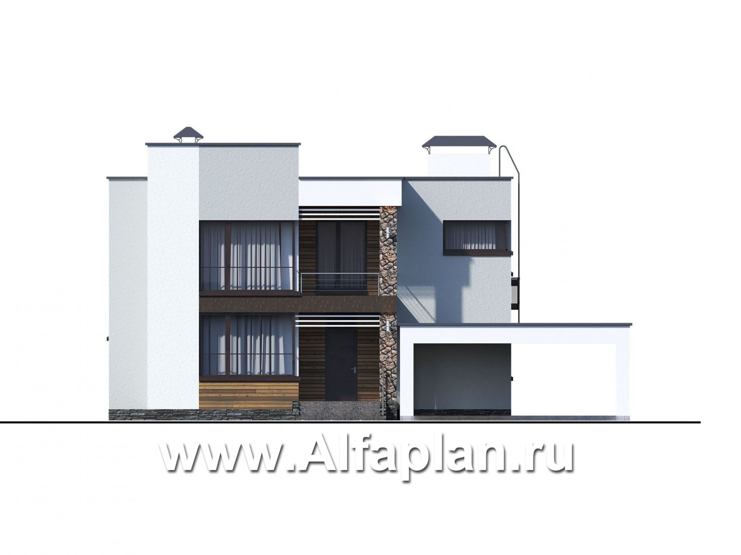 «Престиж» - проект двухэтажного дома, в стиле хай-тек, с террасой и с плоской кровлей, с навесом на 2 авто - фасад дома
