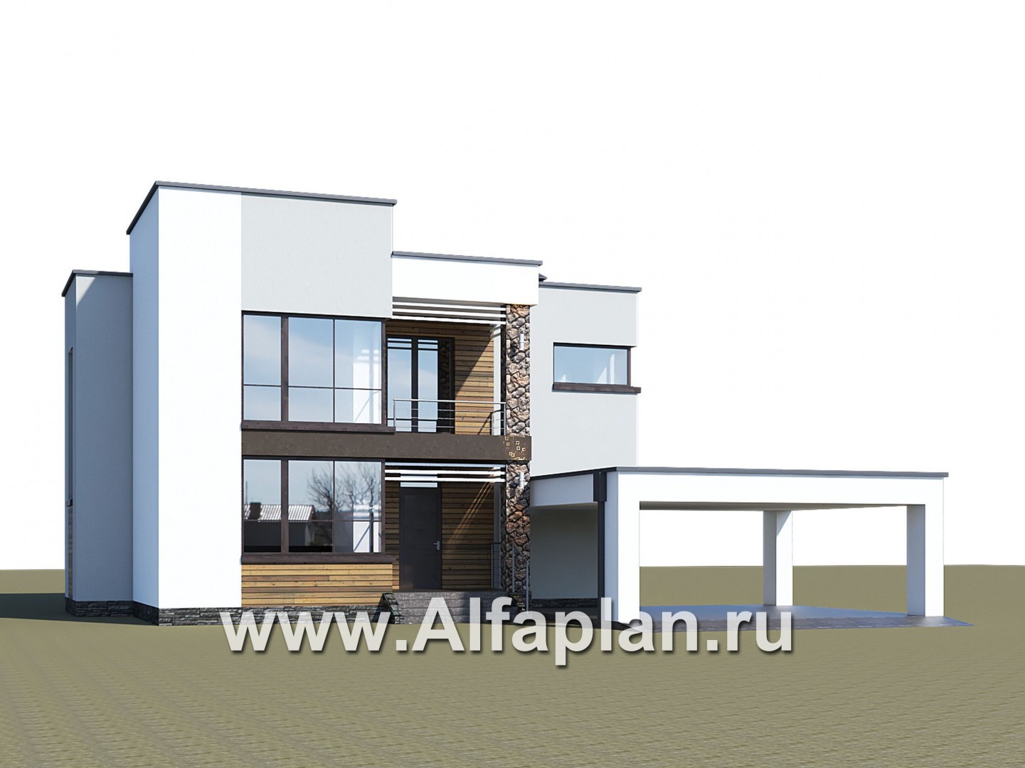 «Престиж» - проект двухэтажного дома, в стиле хай-тек, с террасой и с плоской кровлей, с навесом на 2 авто - дизайн дома №1