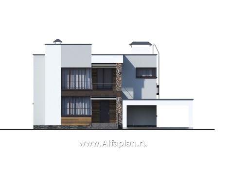 «Престиж» - проект двухэтажного дома, в стиле хай-тек, с террасой и с плоской кровлей, с навесом на 2 авто - превью фасада дома