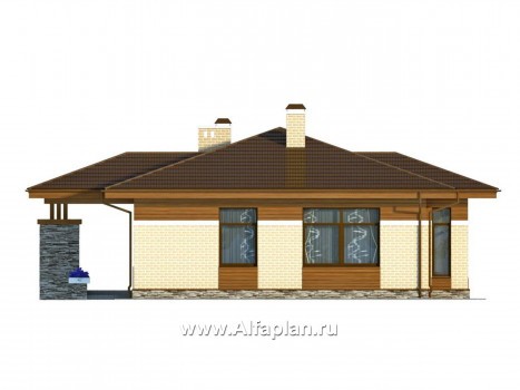 Проект одноэтажного дома, 2 спальни, с эркером и с сауной, для небольшой семьи - превью фасада дома