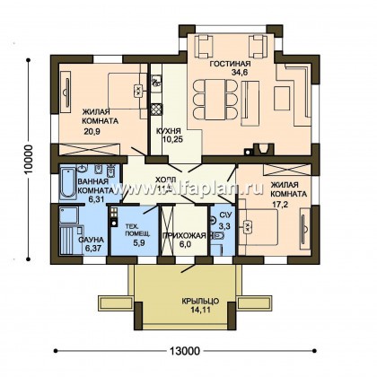Проект одноэтажного дома, 2 спальни, с эркером и с сауной, для небольшой семьи - превью план дома