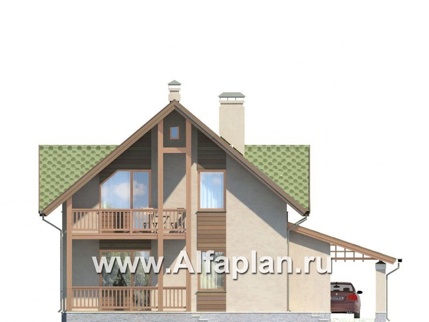 Проекты домов Альфаплан - Проект мансардного дома с навесом для машины - изображение фасада №1