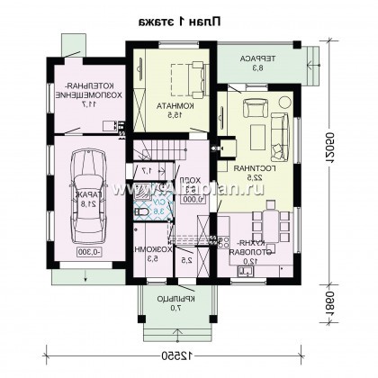 Проект дома с мансардой, планировка с террасой и кабинетом на 1 эт, с гаражом на 1 авто - превью план дома