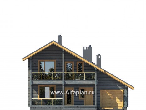 Проект двухэтажного дома из бруса, планировка с кабинетом и с террасой со стороны входа, с гаражом, в современном стиле - превью фасада дома