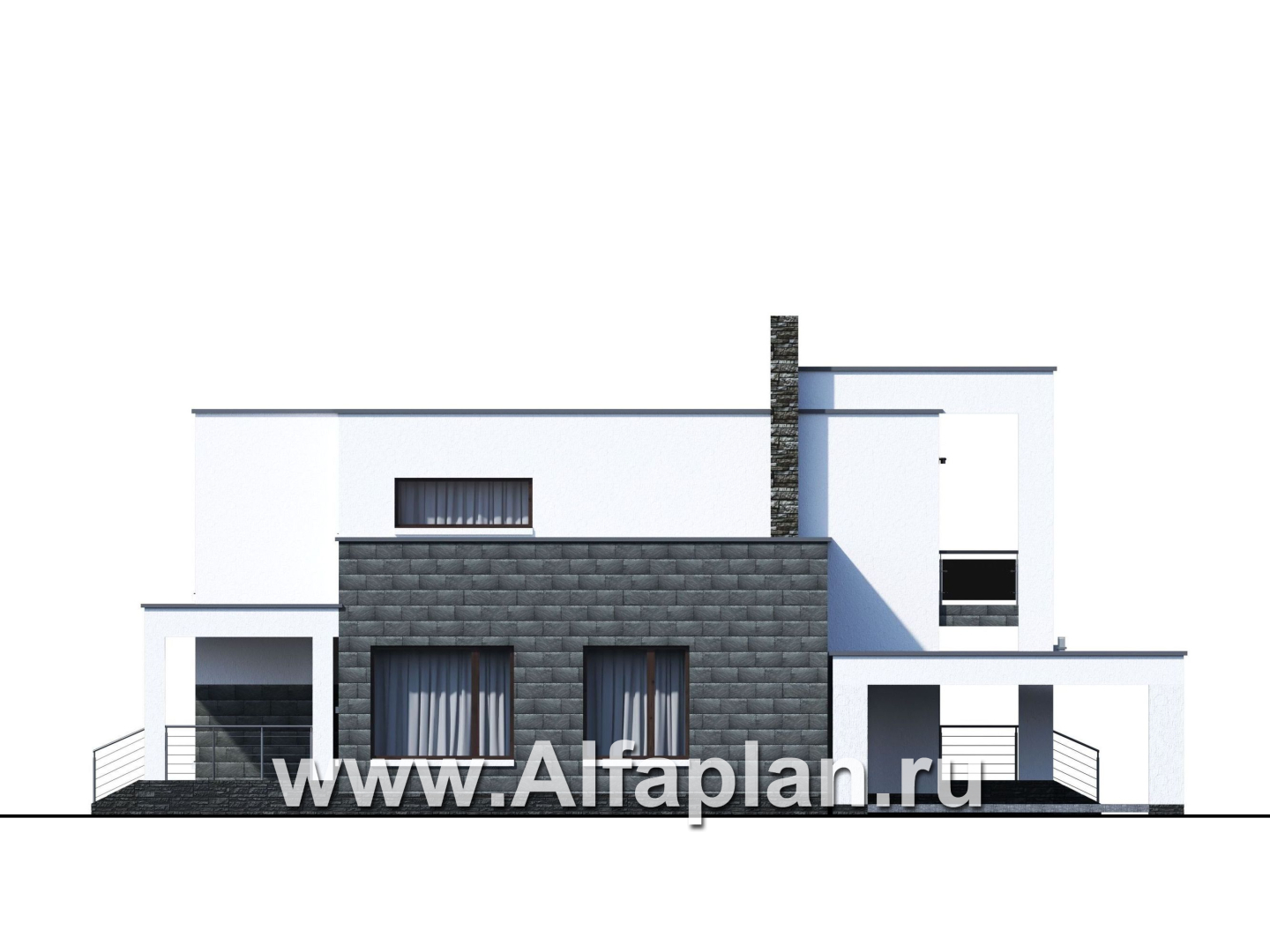 Проекты домов Альфаплан - «Футура» - современный двухэтажный дом с плоской кровлей и гаражом-навесом - изображение фасада №2