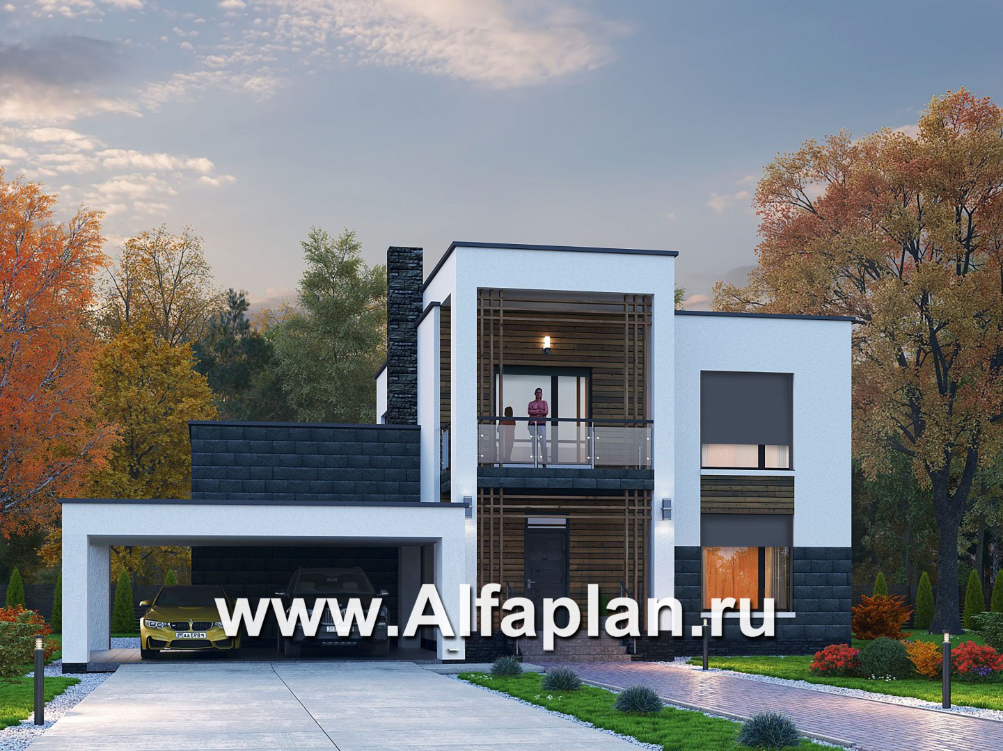 Проекты домов Альфаплан - «Футура» - современный двухэтажный дом с плоской кровлей и гаражом-навесом - основное изображение