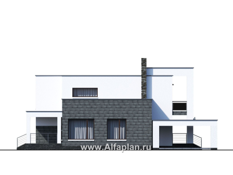 Проекты домов Альфаплан - «Футура» - современный двухэтажный дом с плоской кровлей и гаражом-навесом - превью фасада №2