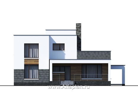 Проекты домов Альфаплан - «Футура» - современный двухэтажный дом с плоской кровлей и гаражом-навесом - превью фасада №4