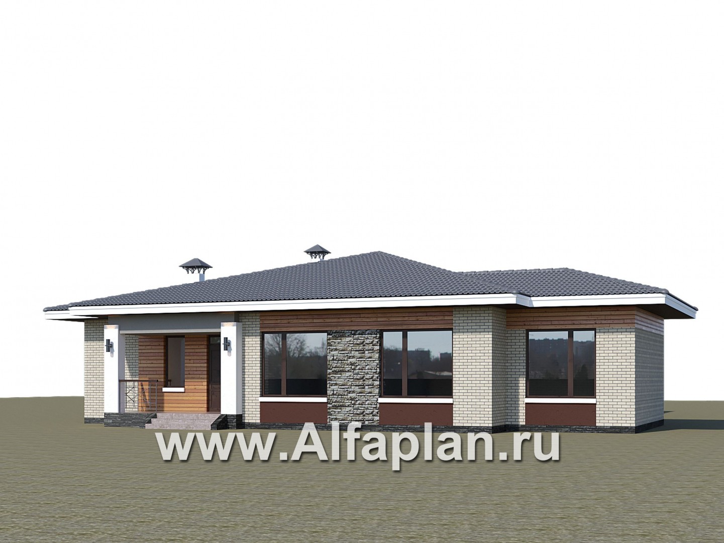 «Горизонталь» - проект одноэтажного дома, в современном стиле, с террасой - дизайн дома №1