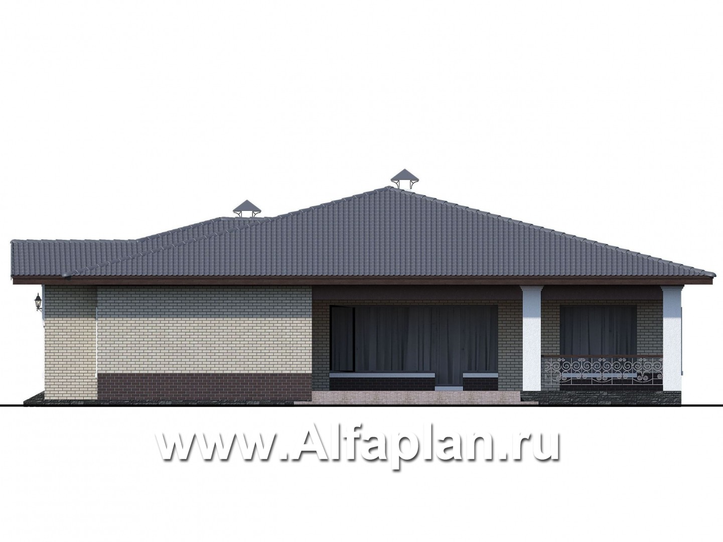 «Ангара» -  проект одноэтажного дома, с террасой и сауной, мастер спальня, арочное окно - фасад дома