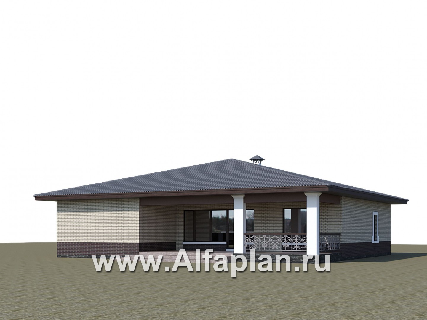 «Ангара» -  проект одноэтажного дома, с террасой и сауной, мастер спальня, арочное окно - дизайн дома №2