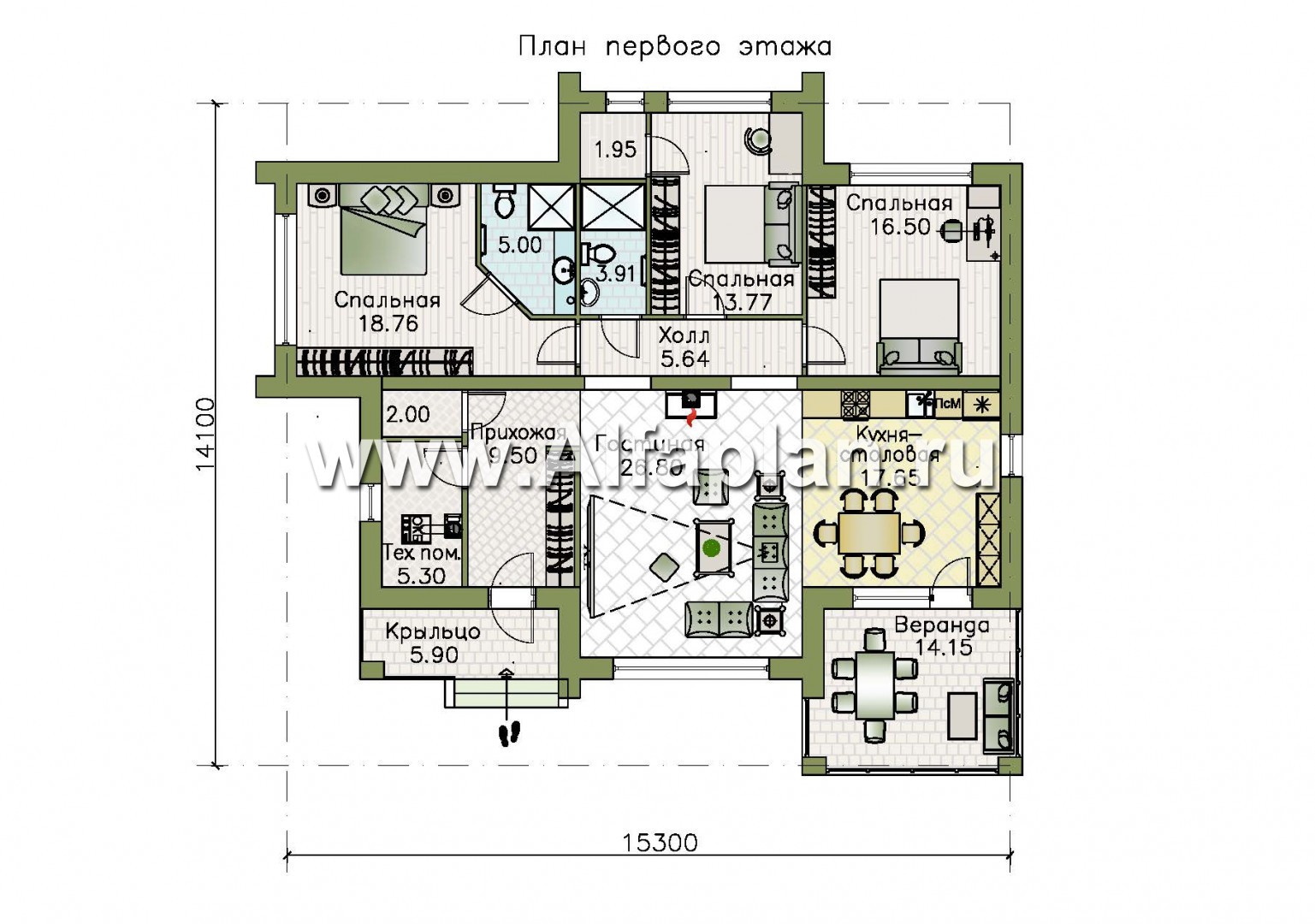 «Магнолия» — красивый проект одноэтажного дома, планировка 3 спальни, современный стиль, фасад из кирпича - план дома