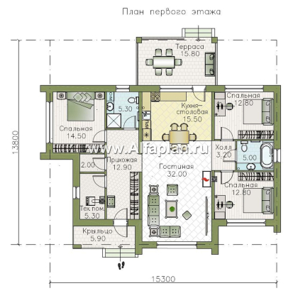 «Магнолия» — красивый проект одноэтажного дома, планировка 3 спальни, современный стиль с плоской крышей - превью план дома