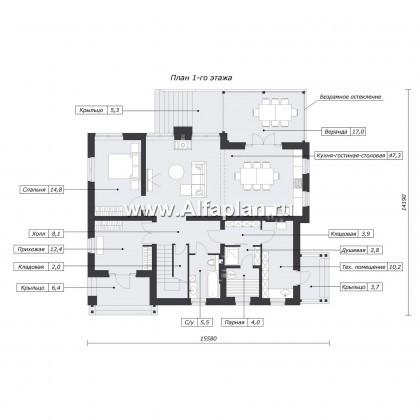 Проект дома с мансардой, планировка с кабинетом на 1 эт и с террасой - превью план дома