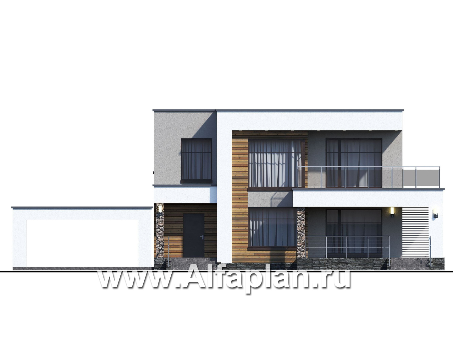 «Серотонин» - проект двухэтажного дома, в современном стиле хай-тек, с террасой и балконом, навес на 2 авто - фасад дома