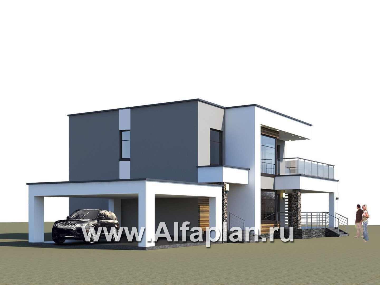 «Серотонин» - проект двухэтажного дома, в современном стиле хай-тек, с террасой и балконом, навес на 2 авто - дизайн дома №2
