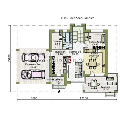 «Серотонин» - проект двухэтажного дома, в современном стиле хай-тек, с террасой и балконом, навес на 2 авто - превью план дома