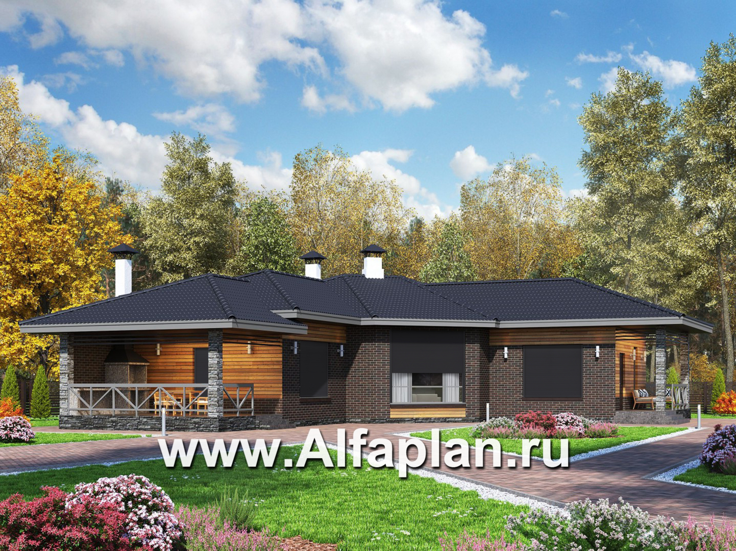 «Квазар» - проект одноэтажного дома, с оригинальным планом,  с террасой - дизайн дома №1