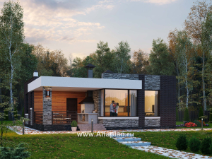 «Дега» - красивый проект одноэтажного дома, современный стиль, с террасой и с плоской кровлей