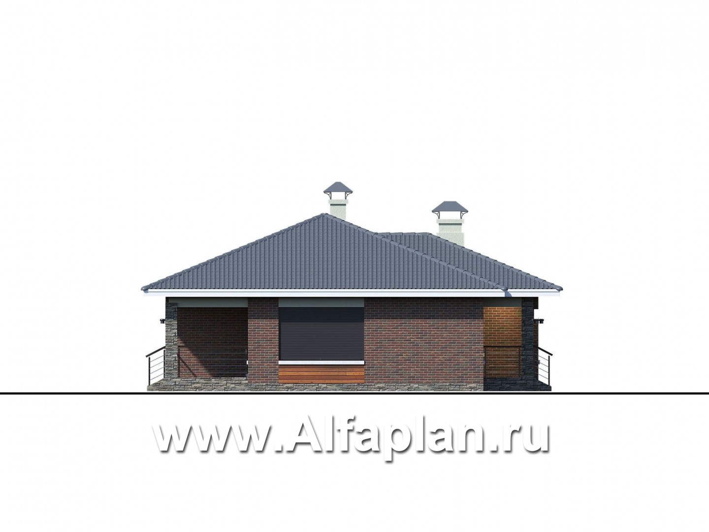 Проекты домов Альфаплан - «Онега» - проект одноэтажного дома из газобетона, с террасой, со скрытой установкой ролет на окнах - изображение фасада №2
